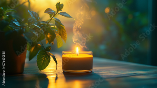A serene candle lit on a wooden table surrounded by delicate flowers in soft sunlight during a peaceful afternoon.