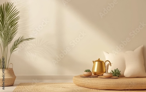 Wallpaper Mural A room with a white wall and a gold tea kettle on a rug Torontodigital.ca