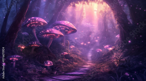 Whimsical digital painting of an enchanted forest with glowing mushrooms, ethereal lighting, and mystical creatures