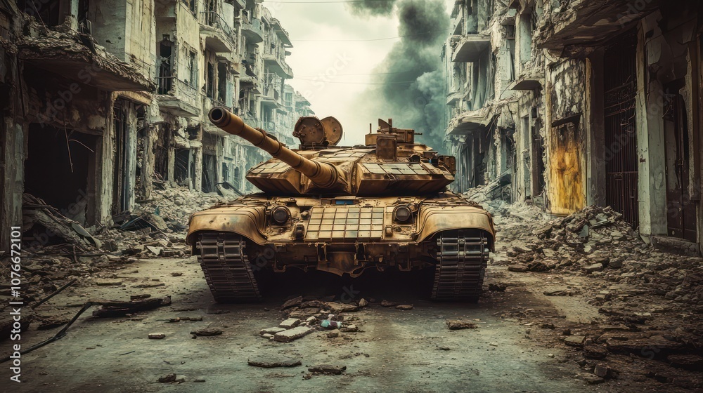 Tank in Urban War Zone Amidst Destroyed Buildings and Fire. Smoke-Filled Battlefield Scene Tank in Urban War Zone Amidst Destroyed Buildings and Fire. Smoke-Filled Battlefield Scene