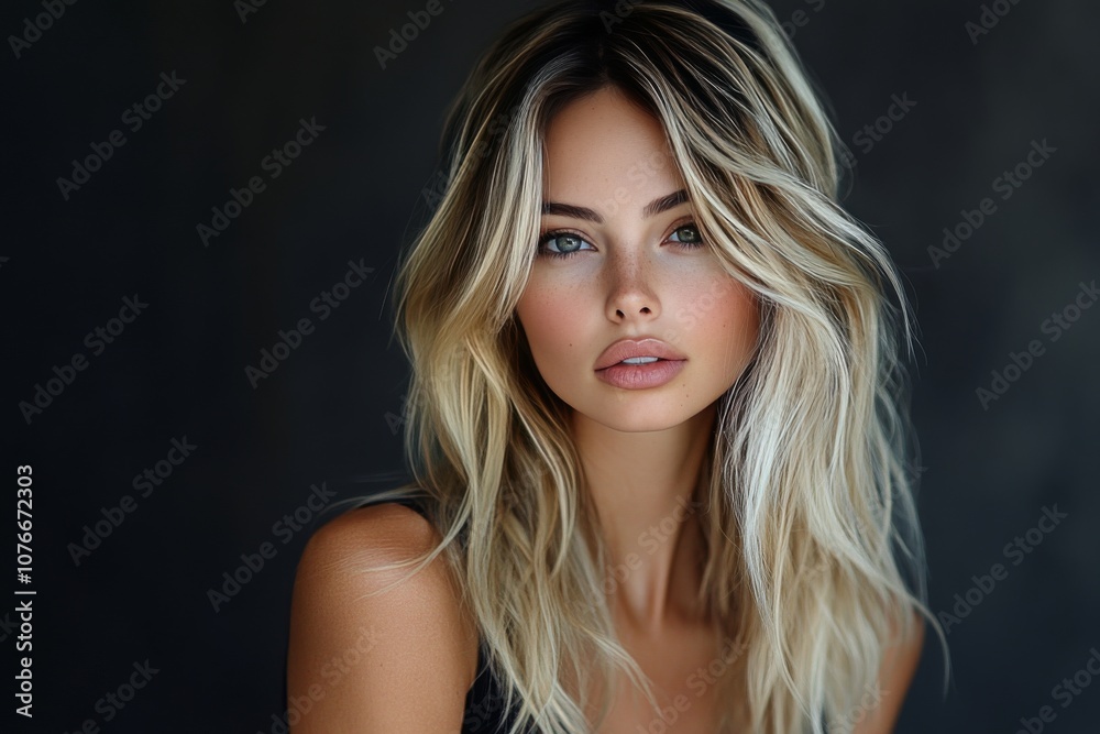 Young woman with long blonde hair poses against a neutral background in natural light