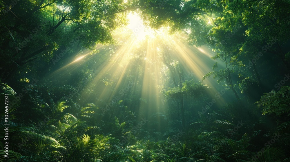 Fototapeta premium Lush forest with sunlight filtering through dense trees.