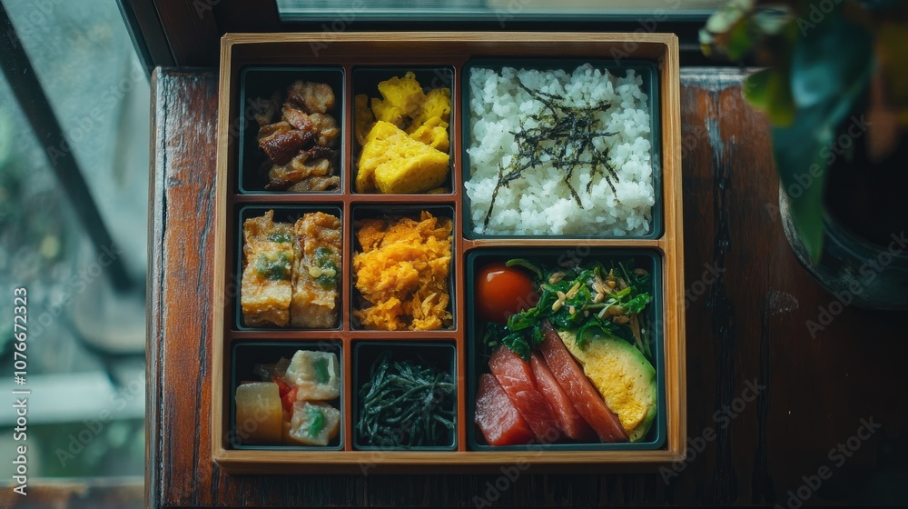 Fototapeta premium Colorful Japanese Bento Box with Fresh Ingredients