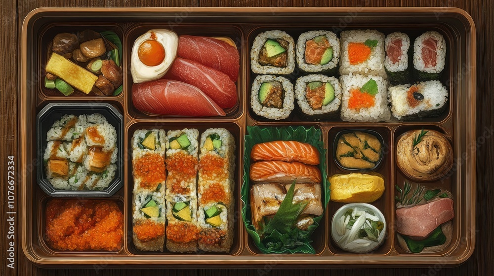 Colorful Sushi Platter Displayed in Wooden Tray Colorful Sushi Platter Displayed in Wooden Tray