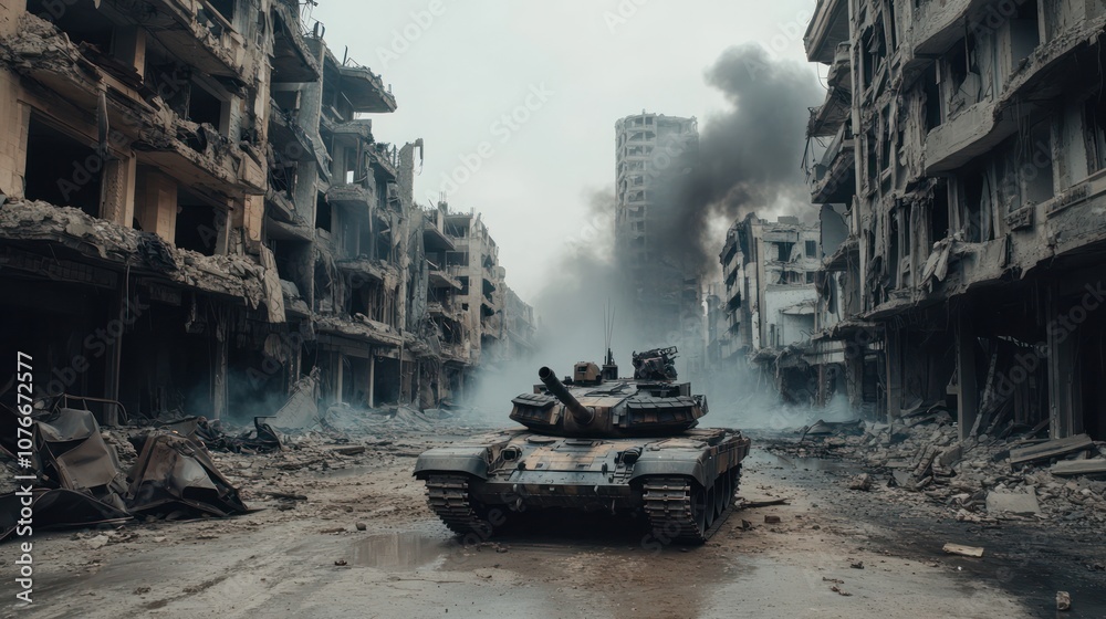 Obraz premium Tank in Urban War Zone Amidst Destroyed Buildings and Fire. Smoke-Filled Battlefield Scene