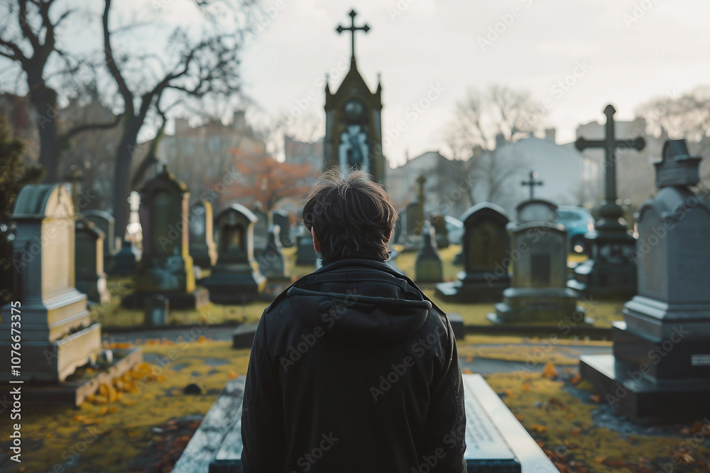 Naklejka premium Grieving man at funeral ceremony emotional mourning scene generative AI picture