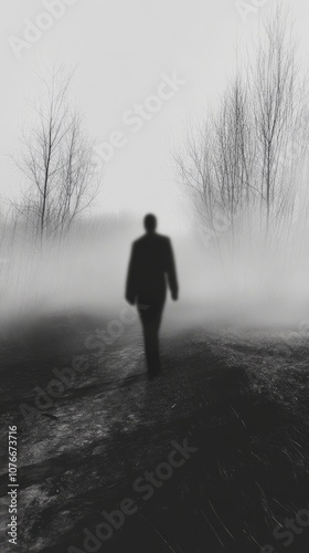 A man is walking in the woods