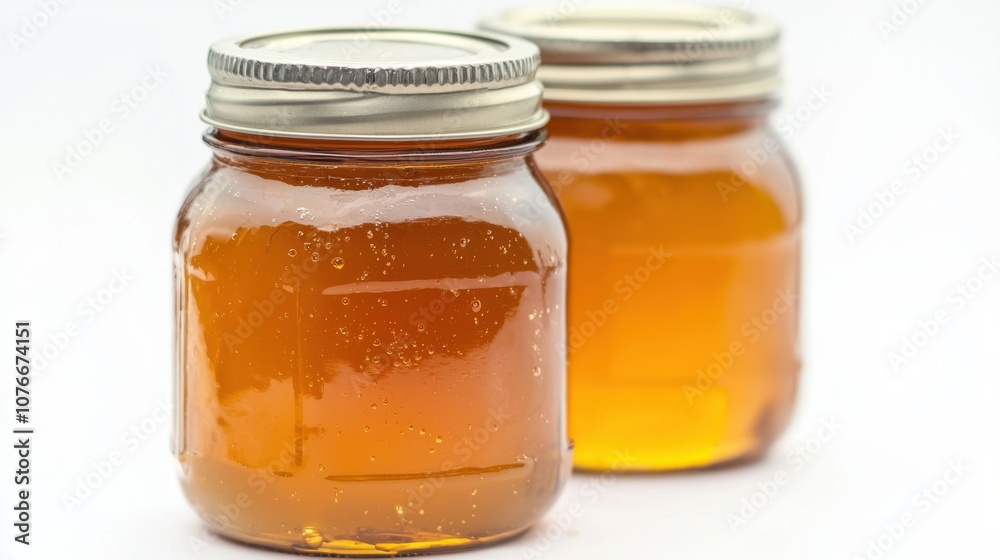 Two jars filled with golden honey, showcasing a natural sweetener. Two jars filled with golden honey, showcasing a natural sweetener.