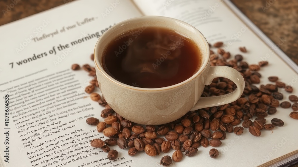 Fototapeta premium Coffee Cup with Coffee Beans on Book