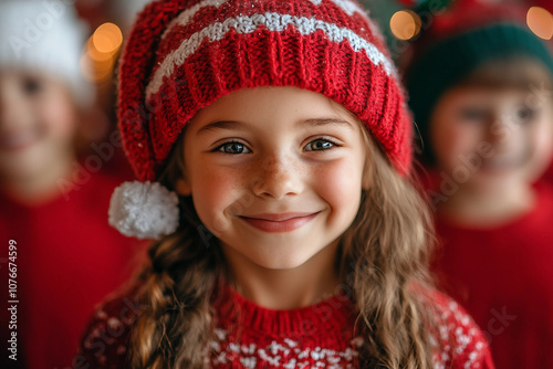 Generative AI image of a smiling girl in a red hat and sweater, celebrating the New Year at school with classmates in festive attire