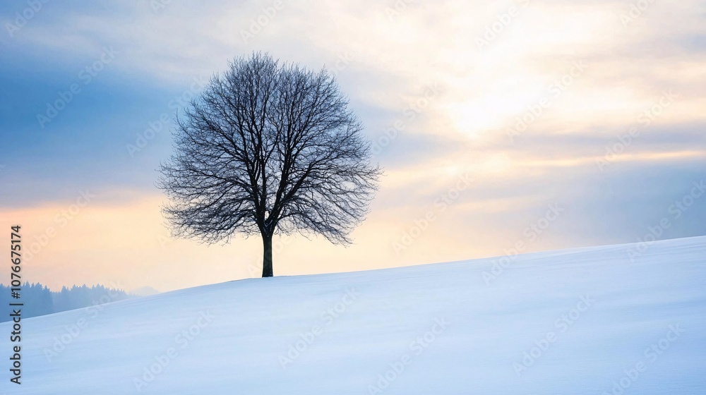 Majestic Solitary Tree on Snowy Hill with Dramatic Sky at Sunrise Capturing the Essence of Serenity and Tranquility in Nature's Winter Landscape Majestic Solitary Tree on Snowy Hill with Dramatic Sky at Sunrise Capturing the Essence of Serenity and Tranquility in Nature's Winter Landscape