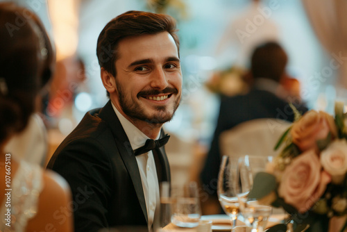 Romantic Wedding Day Portrait of Loving Couple Embracing Floral Bouquets decorated place church, Generative AI