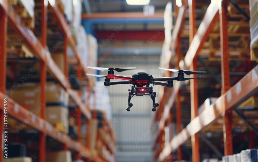 A sophisticated drone equipped with a camera navigates through a warehouse aisle, highlighting automation in inventory management and surveillance. A sophisticated drone equipped with a camera navigates through a warehouse aisle, highlighting automation in inventory management and surveillance.