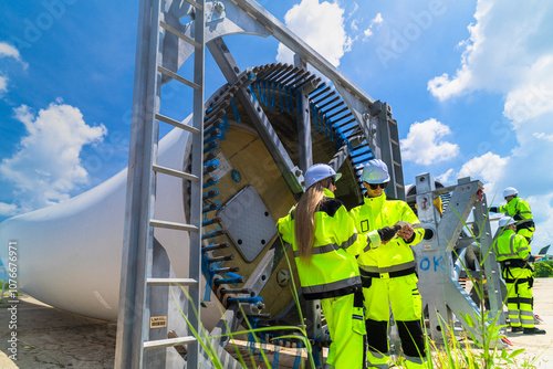 Two engineers in safety gear inspecting a wind turbine blade section on a construction site. They examine the metal framework with precision. Renewable energy project under a clear blue sky.