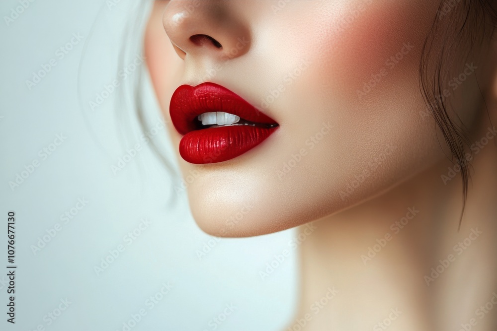 Close up view of a womans lips showcasing vibrant red lipstick against a neutral background Close up view of a womans lips showcasing vibrant red lipstick against a neutral background