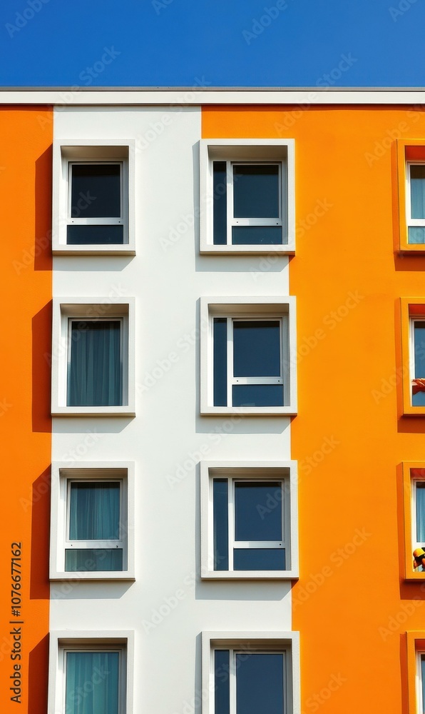 Fototapeta premium Exploring Contemporary Architecture: A Colorful Residential Building with Unique Window Designs and Clean Aesthetic Lines in an Urban Setting