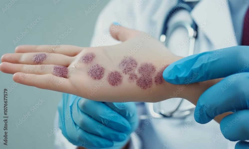 A medical worker wearing gloves and a stethoscope holds a mannequin's hand and talks about a skin disease. A medical worker wearing gloves and a stethoscope holds a mannequin's hand and talks about a skin disease.