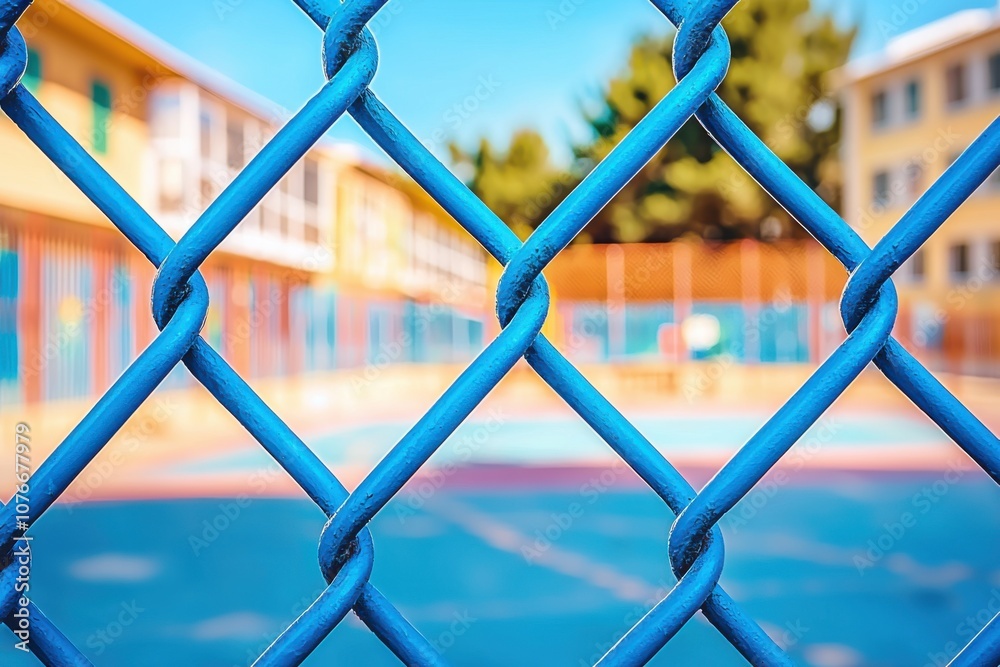 A close-up view of a blue chain-link fence surrounding a colorful playground area.