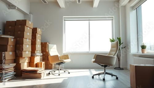 Corporate business office relocation, office chairs and boxes ready to move and unpack photo