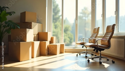 Corporate business office relocation, office chairs and boxes ready to move and unpack photo