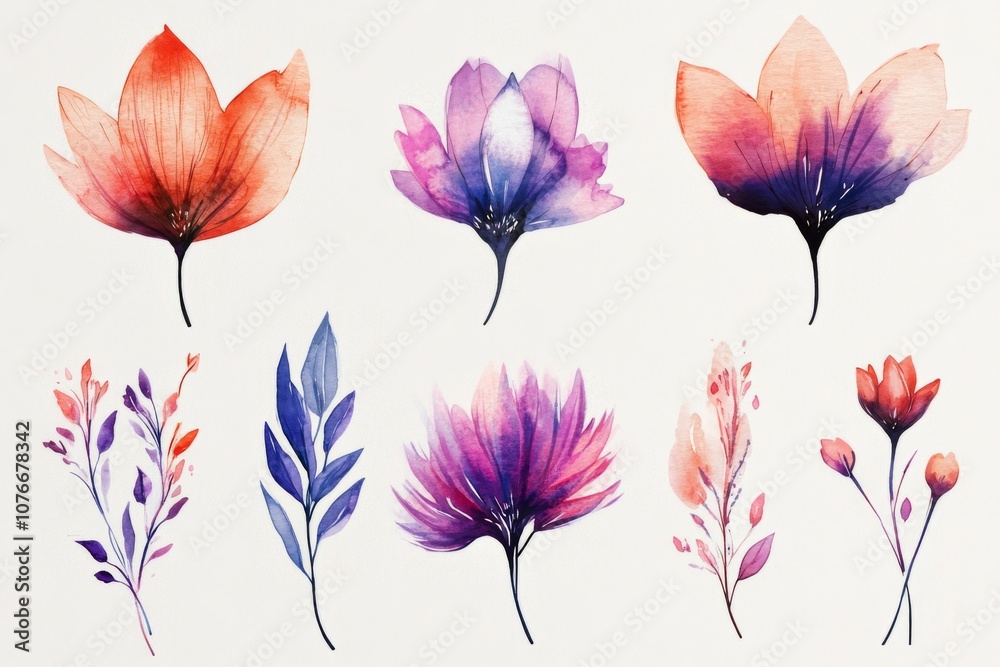 Obraz premium Colorful watercolor flowers in a variety of shapes and sizes against a white background