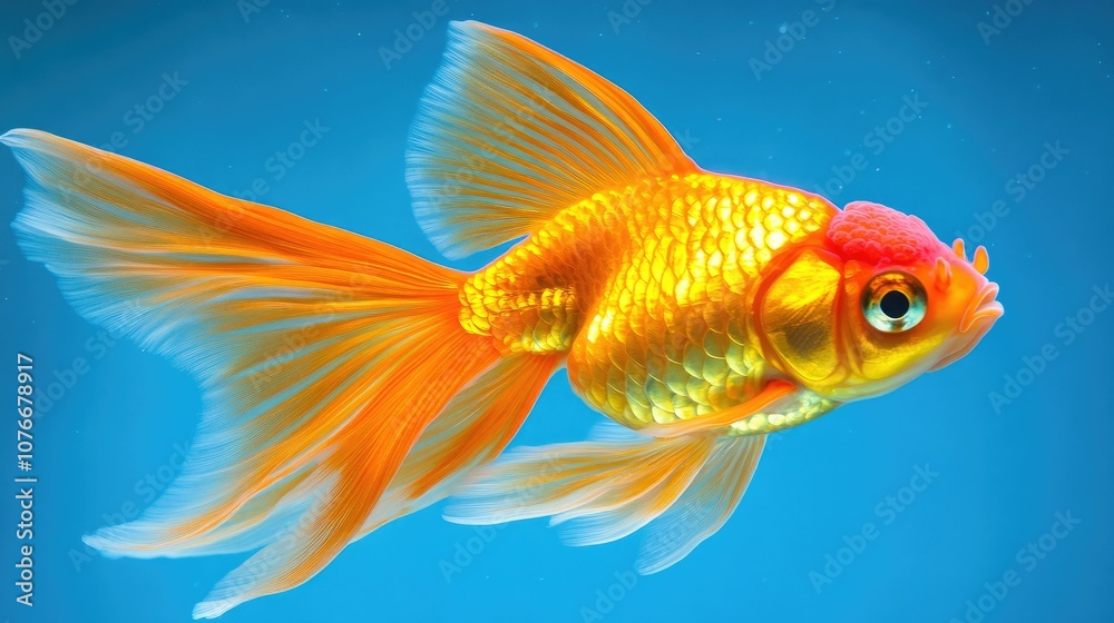 Fototapeta premium Vibrant goldfish with flowing fins gliding through crystal-clear blue water, showing every colorful scale and detail in a bright, clean aquarium