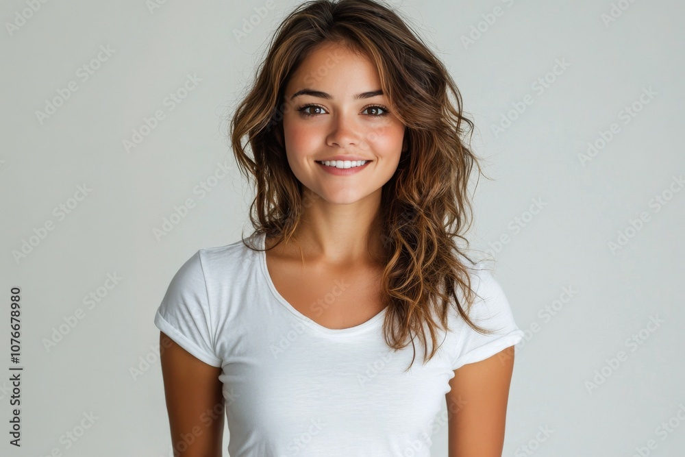 Fototapeta premium Young woman with long hair poses confidently in a white shirt against a neutral background
