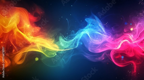 Colorful abstract wave patterns with vibrant gradients and soft smoke effects against a dark background