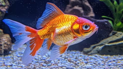 Bright goldfish with intricate fin details in clear blue water, set in a well-lit aquarium for an eye-catching underwater view