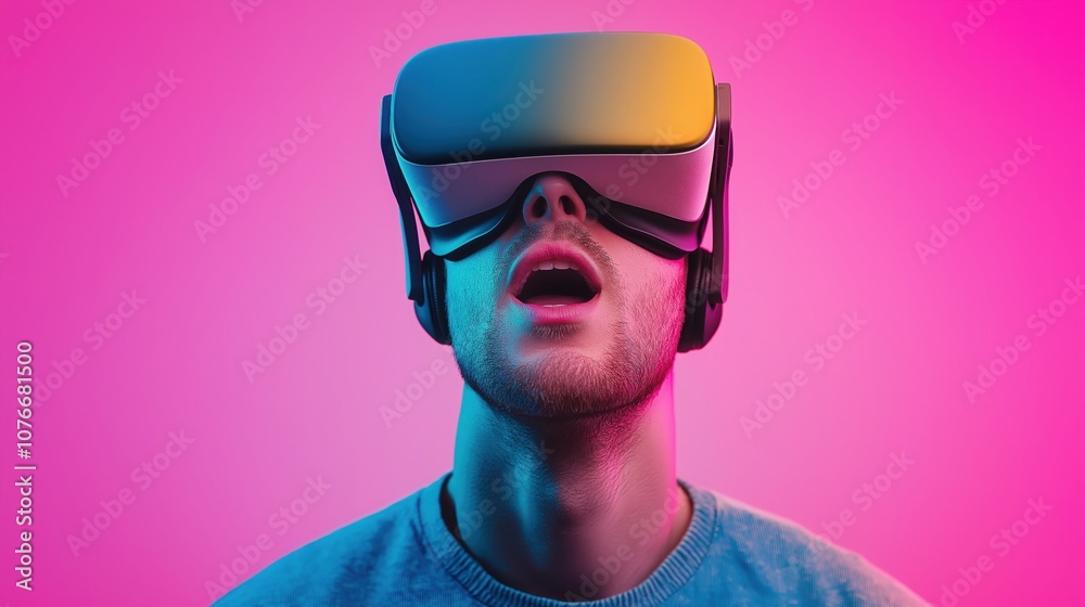 Obraz premium A young man experiences virtual reality with futuristic VR goggles, set against a vibrant pink and blue background.