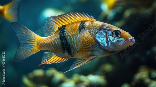 Vibrant underwater scene featuring a colorful fish in coral habitat.