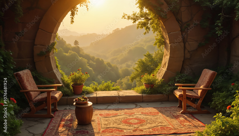 Obraz premium Tranquil Landscape Through a Circular Arch