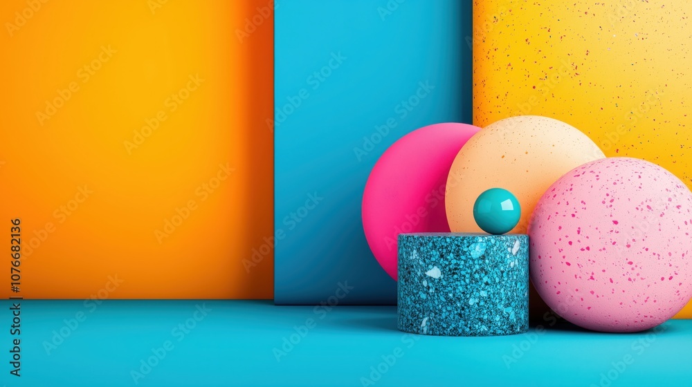 A vibrant still life featuring colorful geometric shapes against bold backgrounds, showcasing creativity and playful design. A vibrant still life featuring colorful geometric shapes against bold backgrounds, showcasing creativity and playful design.