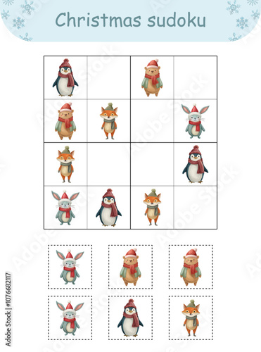 Christmas sudoku educational game Activity for preschool kids and toddlers with animal characters photo