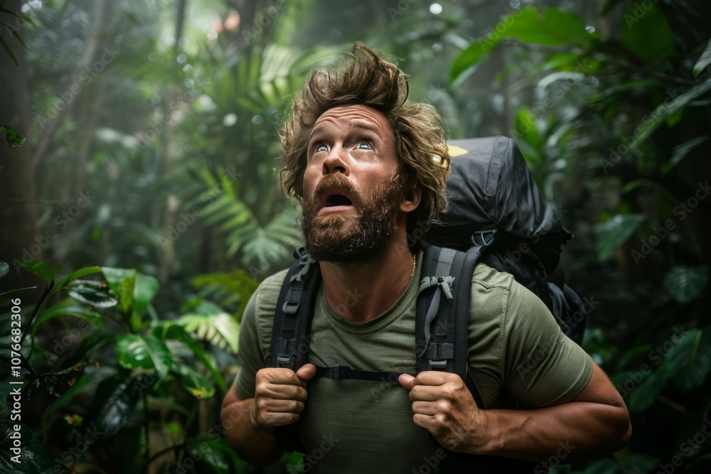 Lost in the Jungle: A man with a backpack struggles to find his way through a dense jungle as heavy rain pours down around him, a look of worry etched on his face.