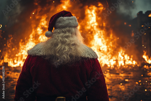 Generative AI image of horror-themed Santa Claus beyond burning fmale portraying a terrifying Christmas character photo