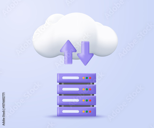 Cloud server 3D icon. Minimalist purple color 3D design of Data Center, web hosting and cloud storage. 3D concept of cloud storage technology, vector illustration.