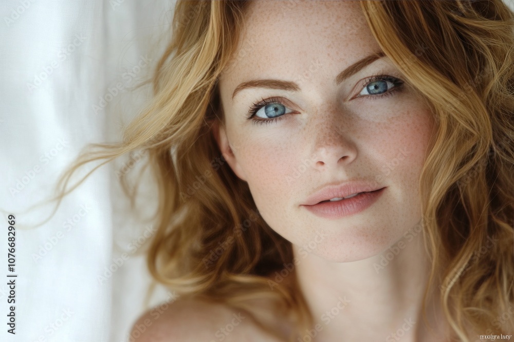 Close up of a freckled young woman with bright blue eyes, highlighting her natural beauty Close up of a freckled young woman with bright blue eyes, highlighting her natural beauty