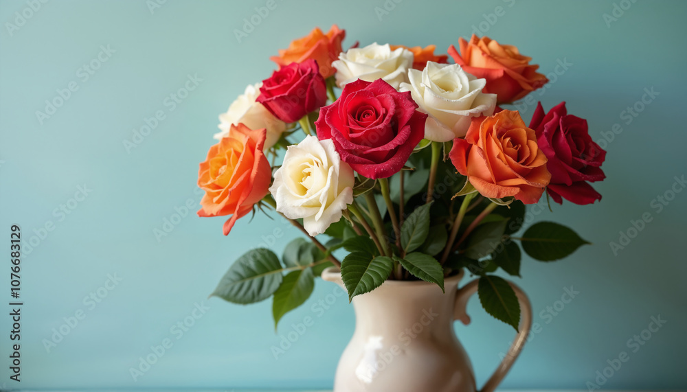 Obraz premium Vibrant Bouquet of Mixed Roses in a Cream Vase