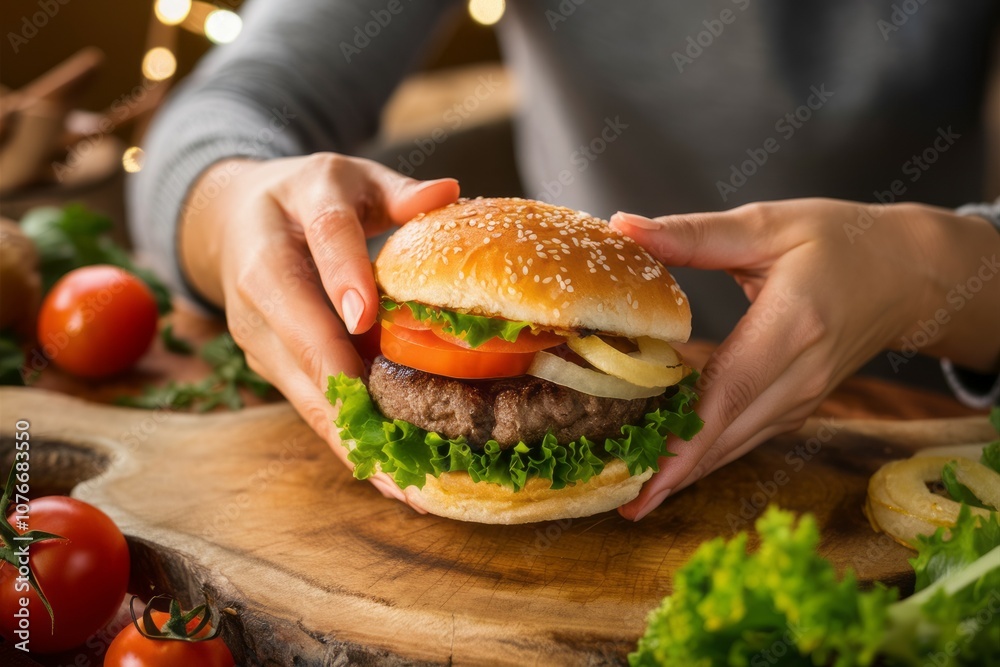 Juicy Gourmet Burger: Close-up of woman's hands delicately presenting a mouthwatering burger, brimming with fresh ingredients on a rustic wooden board. A feast for the eyes. Juicy Gourmet Burger: Close-up of woman's hands delicately presenting a mouthwatering burger, brimming with fresh ingredients on a rustic wooden board. A feast for the eyes.