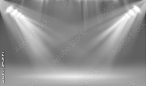 Glowing lighting equipment spotlights illuminate the center of the studio. Vector background