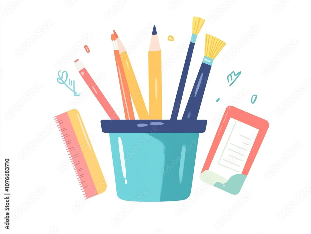 Cute cartoon illustration of stationery, a pencil cup with a ruler and paintbrushes on a white background. Cute cartoon illustration of stationery, a pencil cup with a ruler and paintbrushes on a white background.