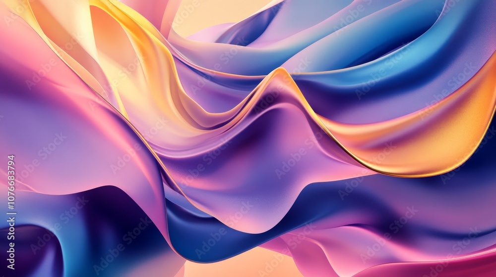 Obraz premium Colorful abstract fabric waves create a dynamic visual experience in a vibrant blend of pink, blue, and gold hues during a soft gradient backdrop
