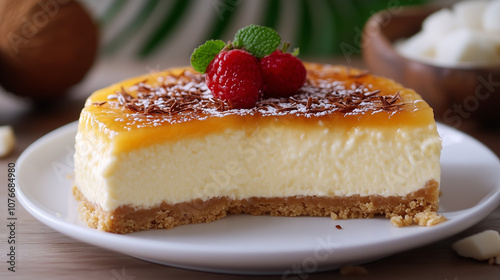 Delicious coconut and pineapple cheesecake topped with fresh mint on a wooden platter in a cozy kitchen setting.