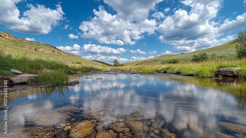Smooth Clouds and Water Due to Long Exposure with Reflections in the Still River, Copy Space
