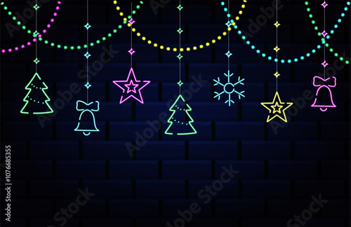 Christmas hanging neon decoration, glowing colored ornament isolated background, vector illustration. Concept of Happy New Year and Merry Christmas.
