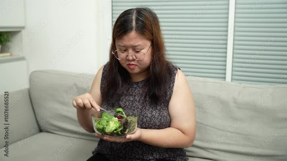Asian Overweight woman dieting Weight loss eating fresh fresh homemade salad healthy eating concept Obese Woman with weight diet lifestyle. Asian Overweight woman dieting Weight loss eating fresh fresh homemade salad healthy eating concept Obese Woman with weight diet lifestyle.