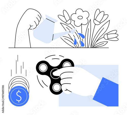 Hand watering flowers symbolizes growth, hand spinning fidget spinner for stress relief, coins dropping signify financial management. Ideal for finance, wellness, education, productivity, relaxation