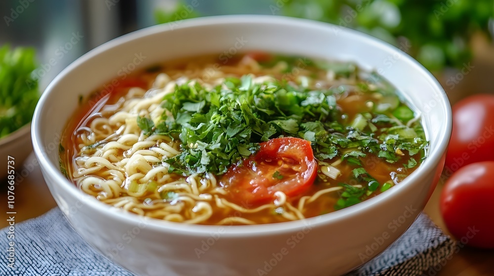 Green vegetable tomato egg noodles soup in bowl isolated on napkin side view on table taiwan food Green vegetable tomato egg noodles soup in bowl isolated on napkin side view on table taiwan food