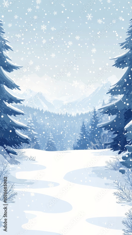 Snowy winter landscape with evergreen trees and gentle snowfall in a serene forest setting Snowy winter landscape with evergreen trees and gentle snowfall in a serene forest setting